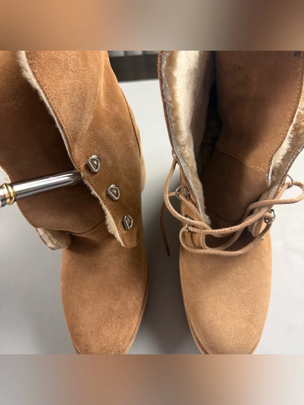 Aquatalia Shearling Lined Suede Wedge Ankle Boots Tan Size 9 Made in Italy